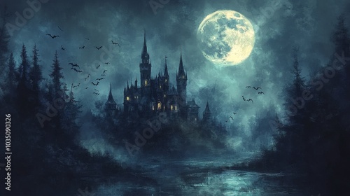 Spooky old medieval castle: Ancient eerie castle on mountain, swarm of bats and full moon behind. Halloween, horror, fairytale background concept.	
