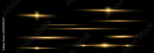Gold horizontal lens flares pack. Laser beams, horizontal light rays. Beautiful light flares. Glowing streaks on light background. Light line effect gold png.	