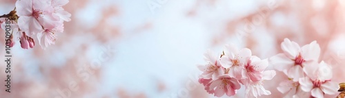 Beautiful cherry blossom branches in soft focus against a light blue sky, capturing the essence of spring's delicate and fleeting beauty.