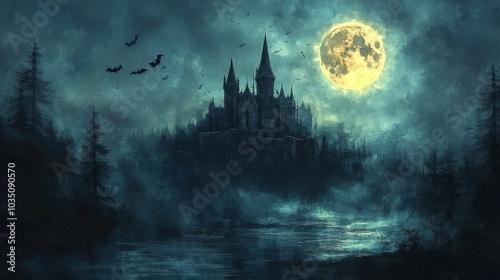 Spooky old medieval castle: Ancient eerie castle on mountain, swarm of bats and full moon behind. Halloween, horror, fairytale background concept.	
