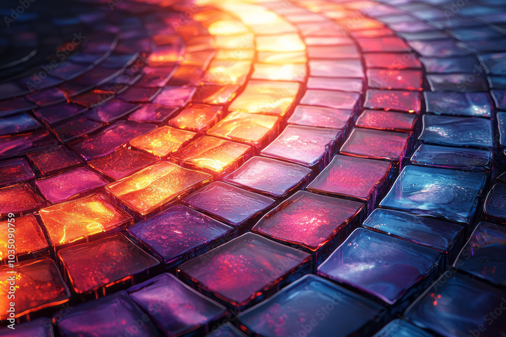 A radiant glass mosaic of pixel shapes with smooth circular gradients, reflecting light in an abstract, glowing design, A radiant glass mosaic of pixel shapes with smooth circular gradients, reflecting light in an abstract, glowing design,