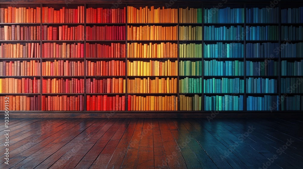Fototapeta premium Library with colorful book spines arranged neatly on polished wooden shelves