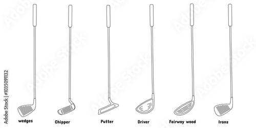 golf stick set design, outline style, various types and names. drivers, fairways, chippers, widgets, putters, irons. editable vector eps 10.