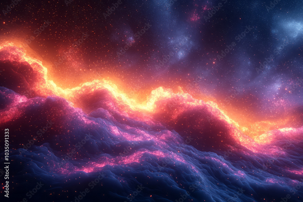 Fototapeta premium An abstract cloud of particles glowing in neon colors, moving dynamically across a black background,