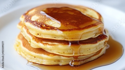 A stack of fluffy pancakes drizzled with syrup on a white plate.