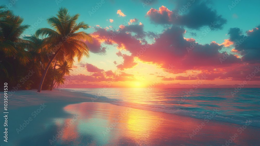 Beautiful tropical beach with palm trees silhouettes at dusk. Beautiful tropical beach with palm trees silhouettes at dusk.