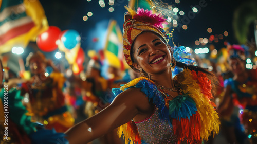 The lively parade of Feria de Cali in the streets of the city, salsa dancers wearing colorful glittering costumes, they dance energetically to the tropical music of a large orchestra Ai generated imag