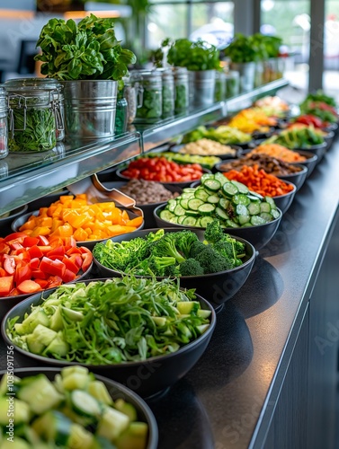 Fresh vegetable display with bowls of colorful veggies and herbs. photo