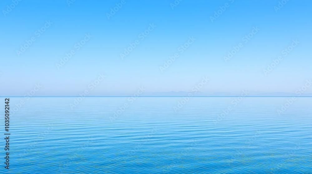 Obraz premium A serene and calming seascape photograph showcasing a tranquil ocean at dusk with distant islands silhouetted against the vibrant sunset sky on the horizon