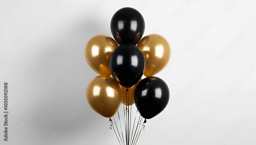 black and gold balloons floating gracefully on a minimalist white background. Perfect for luxury event designs, upscale parties, and elegant celebration promotions. black and gold balloons floating gracefully on a minimalist white background. Perfect for luxury event designs, upscale parties, and elegant celebration promotions.