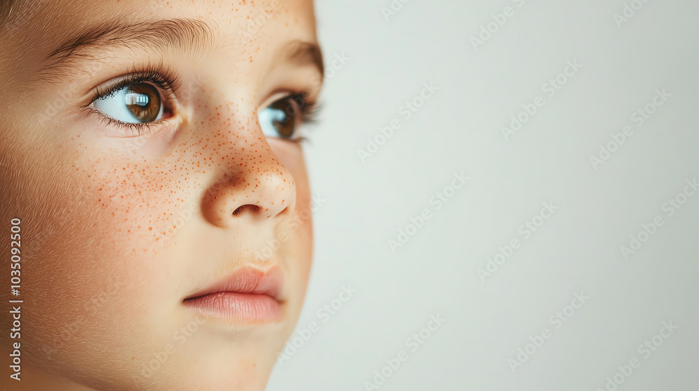 Child with thoughtful expression, white isolate background