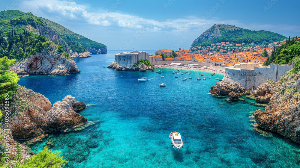Fototapeta premium Dubrovnik landscape. / Aerial view at famous european travel destination in Croatia, Dubrovnik old town,daylight