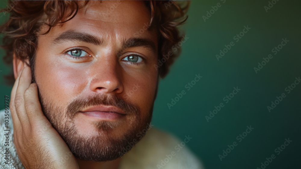 A plus-size man with healthy, glowing skin applying a natural skincare product, set against a green background, emphasizing self-care and grooming. A plus-size man with healthy, glowing skin applying a natural skincare product, set against a green background, emphasizing self-care and grooming.