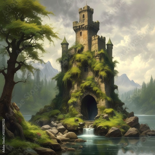 Illustration of castle tower with moss. photo