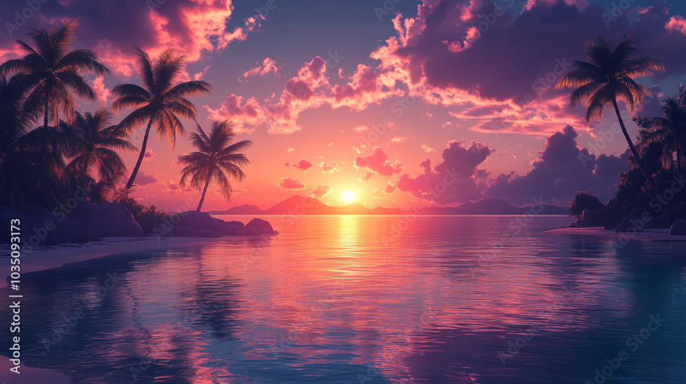 Beautiful tropical beach with palm trees silhouettes at dusk. Beautiful tropical beach with palm trees silhouettes at dusk.
