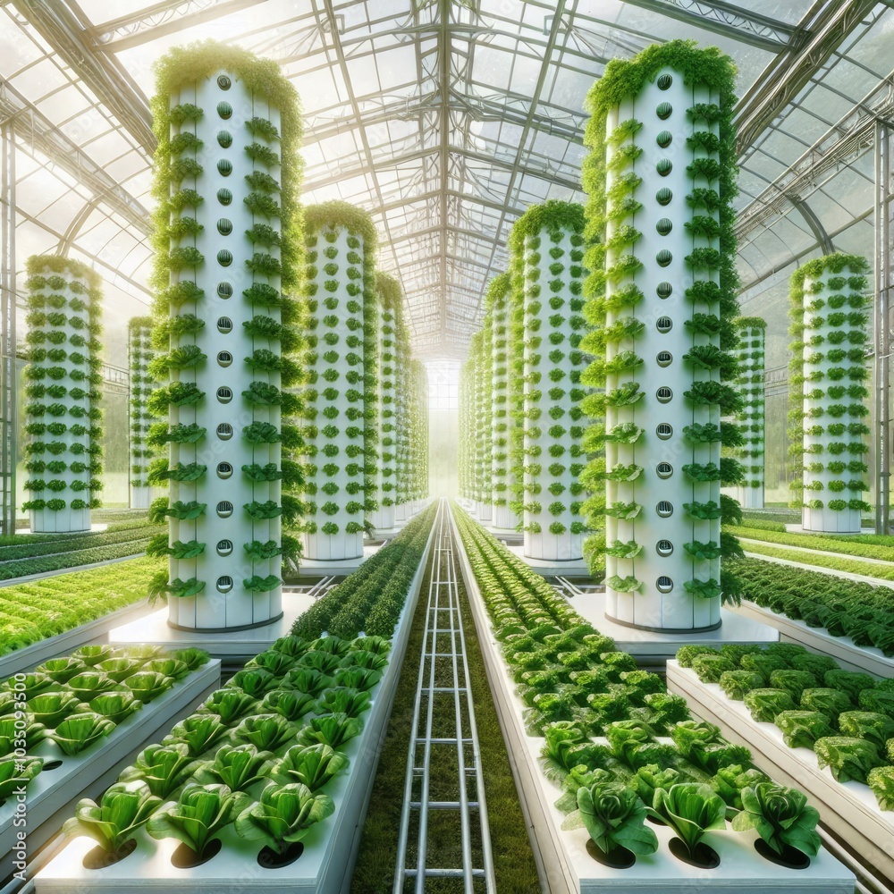 Modern Hydroponic Greenhouse with Vertical Farming Towers Growing Lush Green Vegetables, Showcasing Sustainable Agriculture Techniques and Innovation in Eco-Friendly Food Production