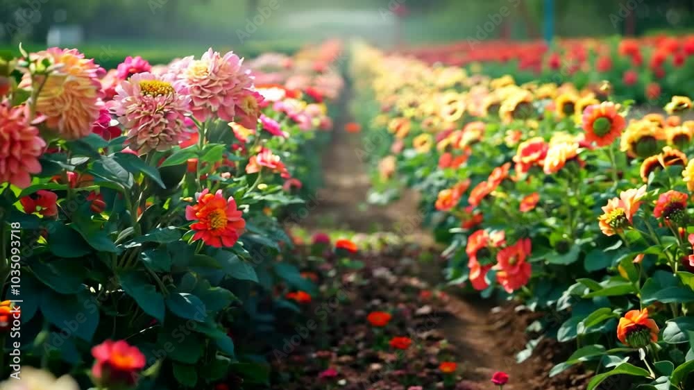 Vibrant garden with rows of colorful dahlias, Video Vibrant garden with rows of colorful dahlias, Video