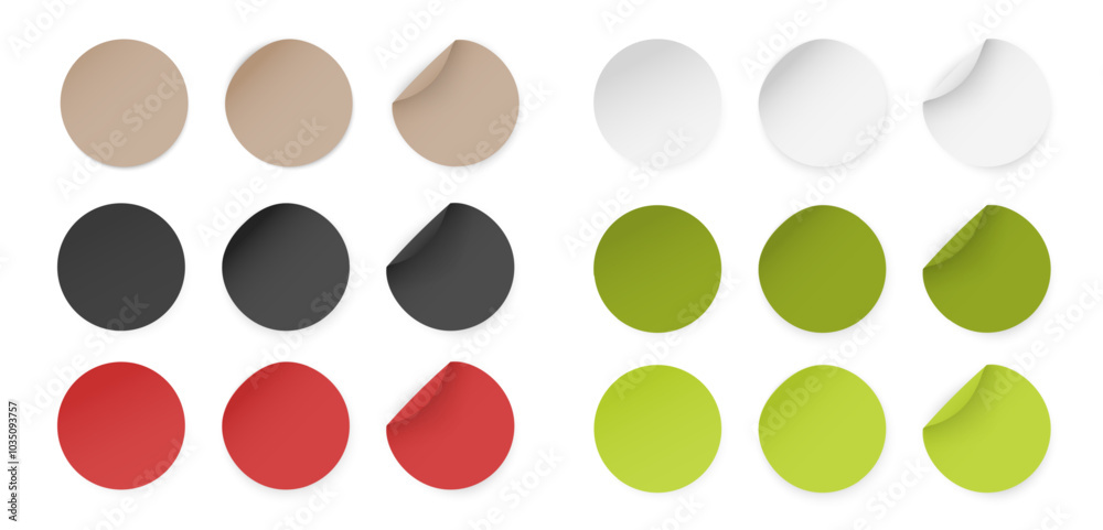 Round Paper Stickers with Peeling Corner, Red Green Black and White Adhesive Labels, Circular Badge Set, Isolated vector Mockup Round Paper Stickers with Peeling Corner, Red Green Black and White Adhesive Labels, Circular Badge Set, Isolated vector Mockup