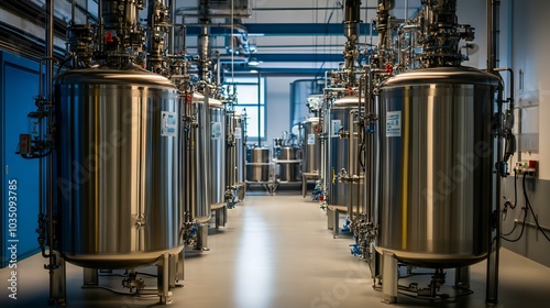 Stainless steel bioreactors in an industrial setting, used for bioprocessing and fermentation. photo