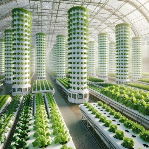 Modern Hydroponic Greenhouse with Vertical Farming Towers Growing Lush Green Vegetables, Showcasing Sustainable Agriculture Techniques and Innovation in Eco-Friendly Food Production