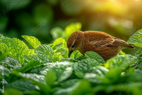 A bird foraging among vibrant green mint leaves in soft sunlight.