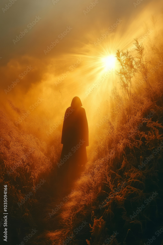 Fototapeta premium A warm light penetrating through a heavy fog, casting long shadows and creating a magical atmosphere,