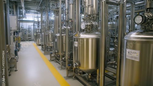 Stainless steel bioreactors in an industrial setting, used for bioprocessing and fermentation.