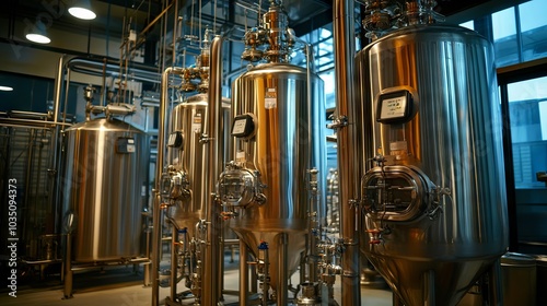 Stainless steel bioreactors in an industrial setting, used for bioprocessing and fermentation.