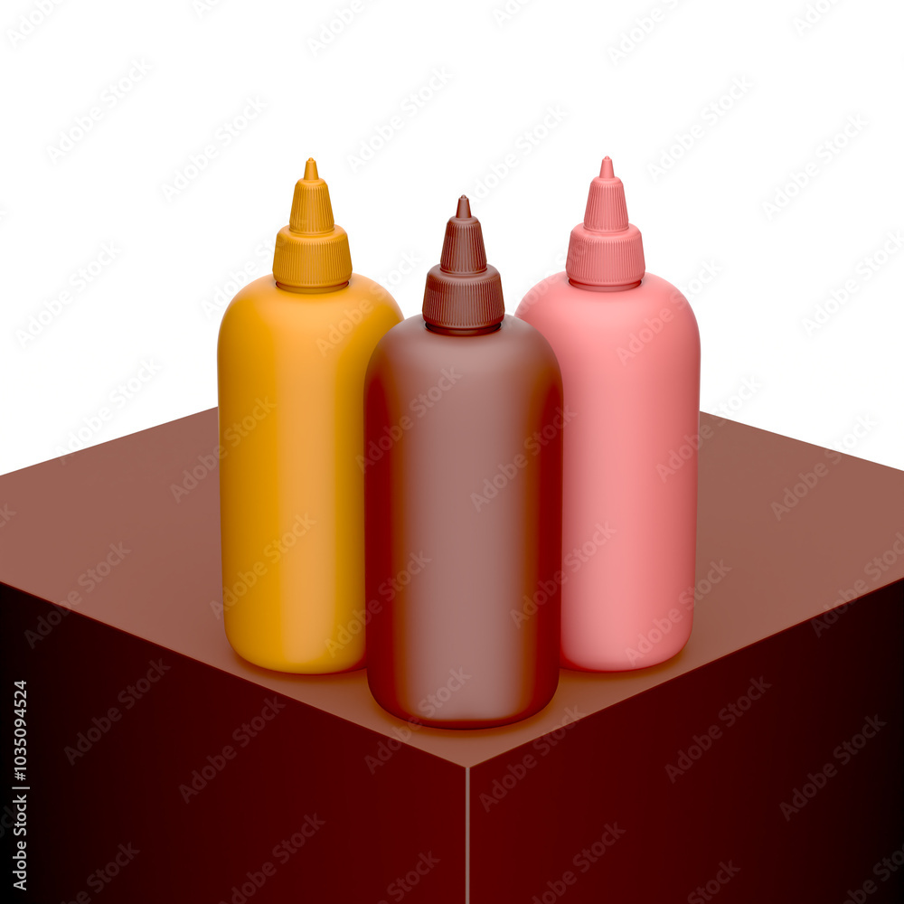 Three Squeeze Bottles Are Placed On Brown Podium For Dispensing Delicious Toppings 3d Illustration Three Squeeze Bottles Are Placed On Brown Podium For Dispensing Delicious Toppings 3d Illustration