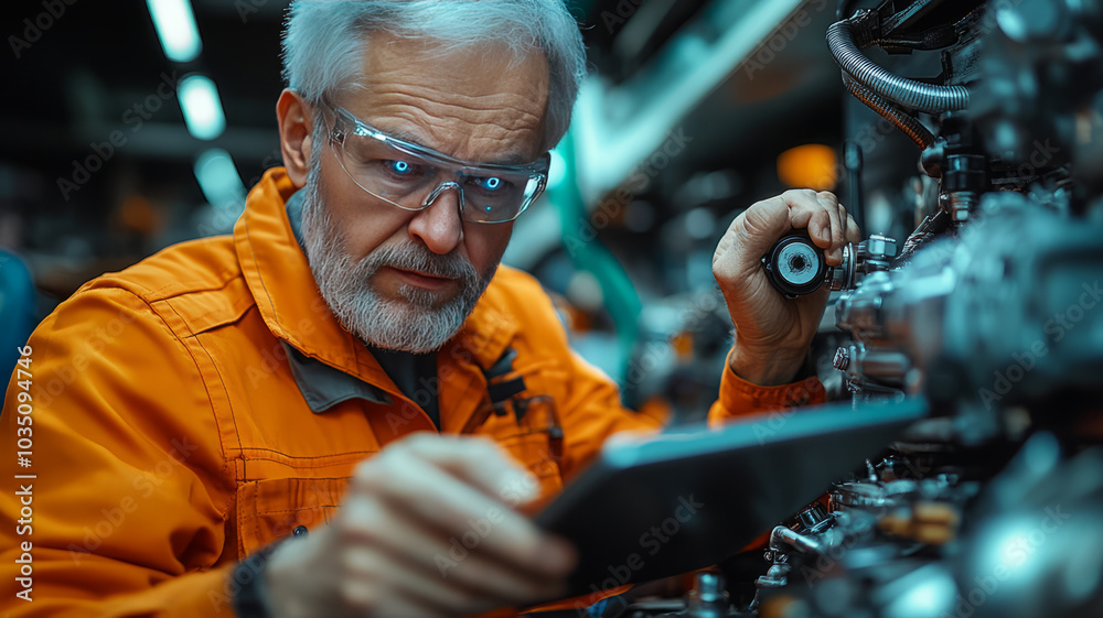 Fototapeta premium Vehicle engine inspection with AR: Technicians using AR tablets to diagnose and repair broken components