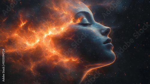 A mystical nebula in the shape of a face, with vibrant gases swirling in the endless void of space,