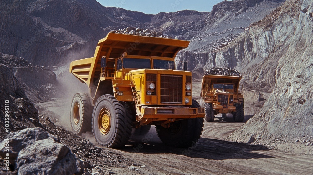 Dump trucks transporting loads at a mining site. Dump trucks transporting loads at a mining site.