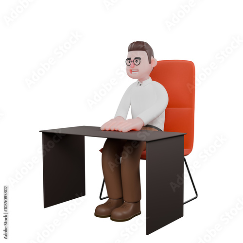 Male Professional Sociologist - 3D Character. A male sociologist is sitting on his desk chair with both palms on the table. Male Professional photo