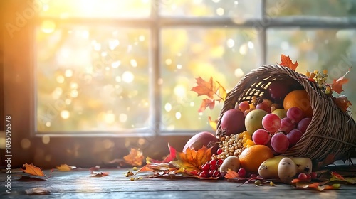 A cornucopia overflowing with vibrant autumn vegetables, fruits, and grains, nestled on a rustic wooden table, golden sunlight streaming through a window,