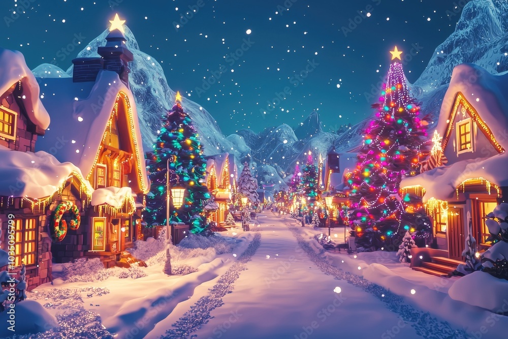 Cozy and Enchanting Winter Village Scene with Glowing Christmas Lights and Under a Starry Night Sky