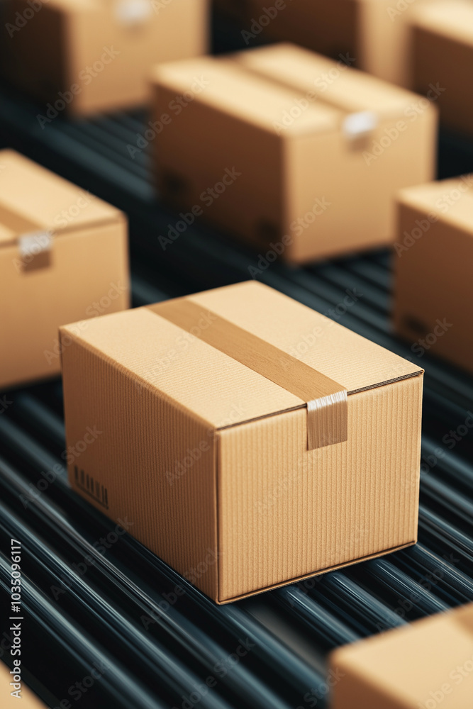 Cardboard Boxes on Conveyor Belt in Warehouse Cardboard Boxes on Conveyor Belt in Warehouse
