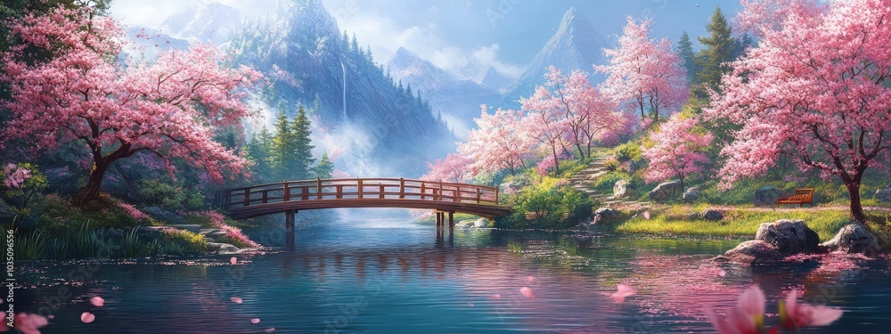 Fototapeta premium A quiet riverside view in spring with cherry trees.
