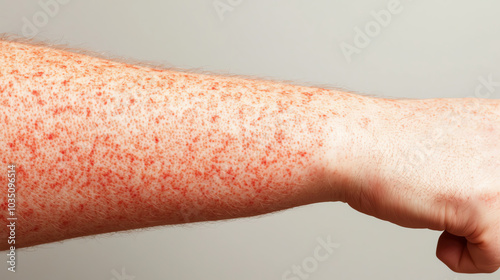 Skin condition with red spots on arm photo