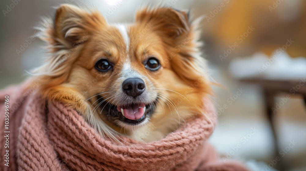 Fluffy dog wrapped in a cozy scarf, smiling warmly on an autumn day.