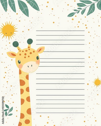 Cute Giraffe on Lined Paper with Floral Background