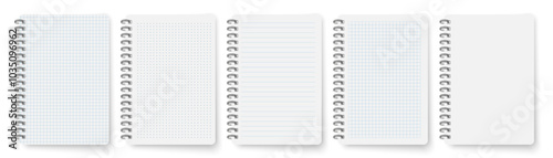 Spiral opened notebook template. Blank copybook with metallic spiral. Mock up of organizer or diary realistic vector set