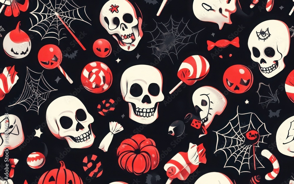 A visually striking seamless vector pattern of Halloween symbols including skulls, cobwebs, and candy, creating a fun and spooky holiday vibe A visually striking seamless vector pattern of Halloween symbols including skulls, cobwebs, and candy, creating a fun and spooky holiday vibe