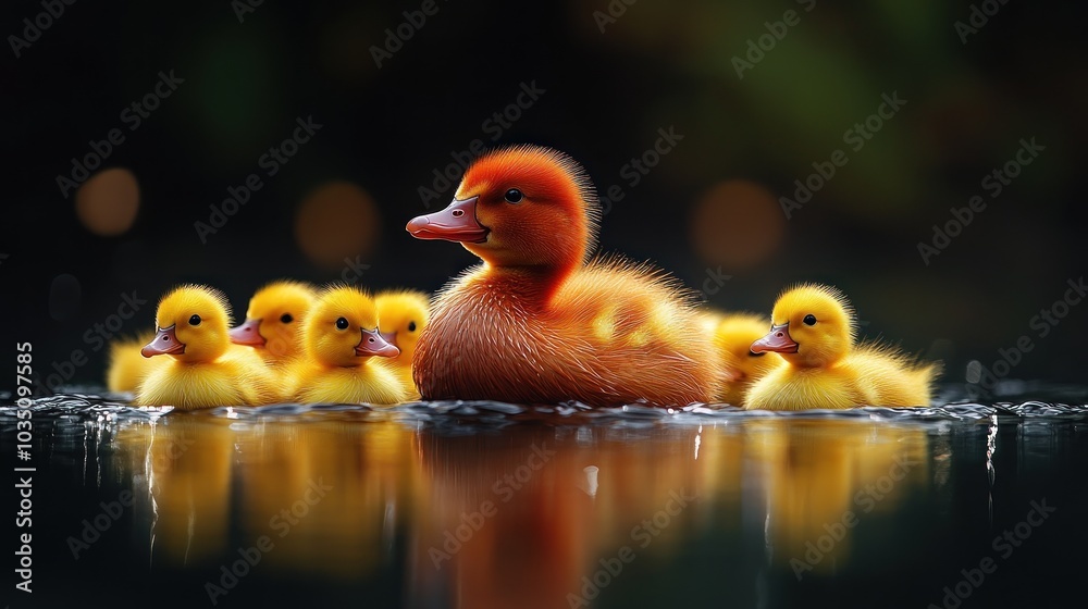 A mother duck swims with her adorable yellow ducklings. A mother duck swims with her adorable yellow ducklings.