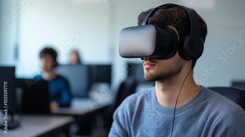 Young Man Wearing VR Headset in Modern Office Setting