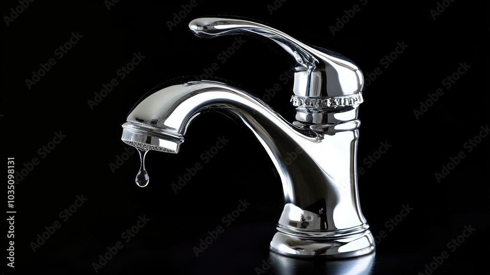 Chrome faucet with single water droplet on black background Chrome faucet with single water droplet on black background