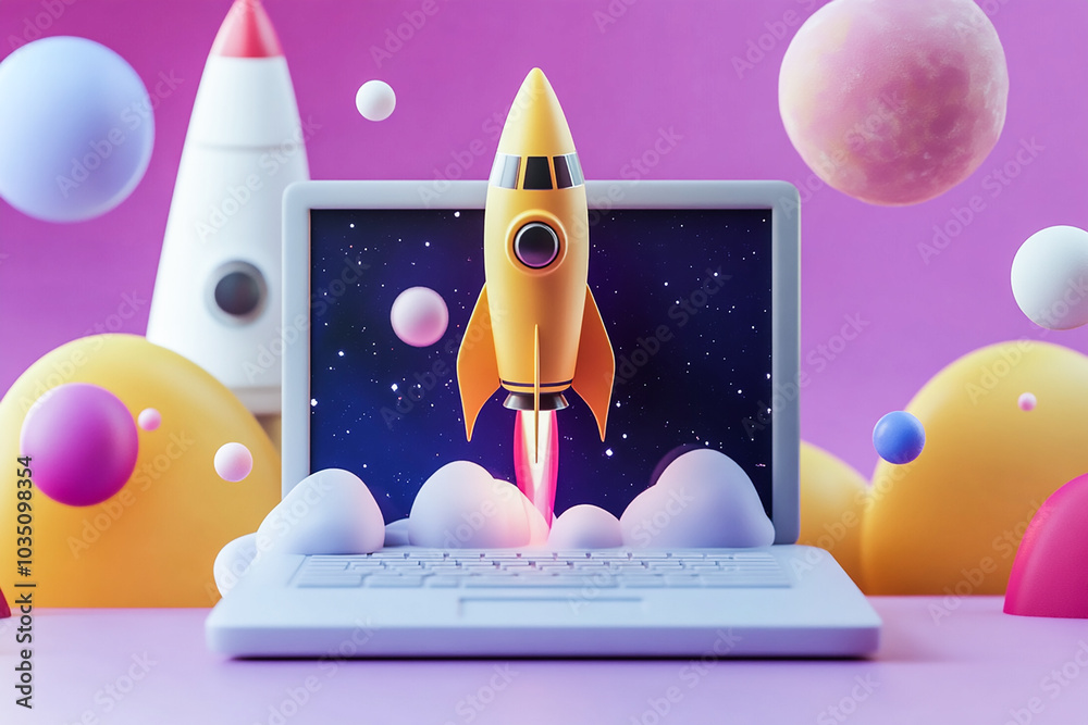 Futuristic 3D Render of a Space Rocket Launching from Laptop: Symbol of Digital Innovation and Progress Futuristic 3D Render of a Space Rocket Launching from Laptop: Symbol of Digital Innovation and Progress