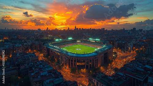 twilight sky at Santiago bernabeu night,Madrid,Spain,generative ai