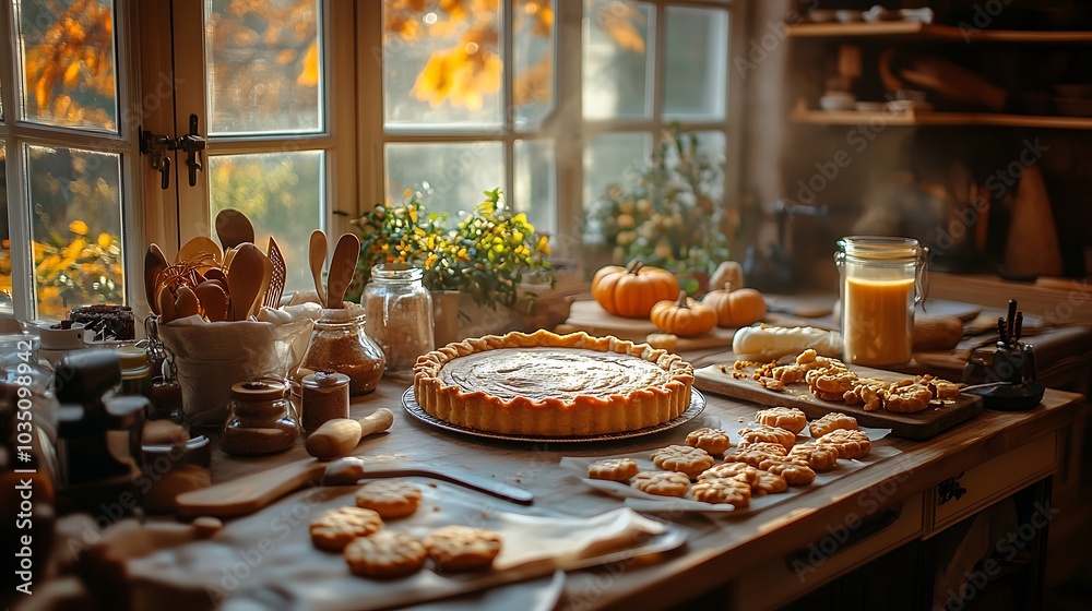 Naklejka premium A cozy Thanksgiving kitchen with a pumpkin pie cooling on the counter, cookies being frosted with autumn colors, rolling pins and spices scattered across the table,