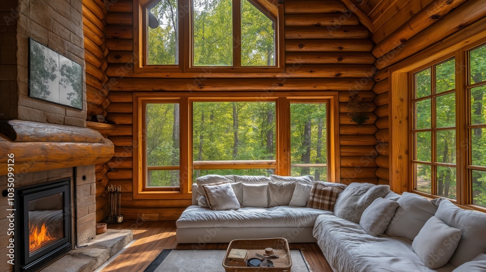 Cozy log cabin living room with a soft sofa, fireplace, and large windows offering a serene forest view Cozy log cabin living room with a soft sofa, fireplace, and large windows offering a serene forest view