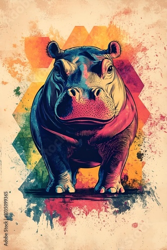 A colorful, artistic illustration of a hippo, featuring vibrant splashes and geometric shapes in the background, creating a striking visual impact.